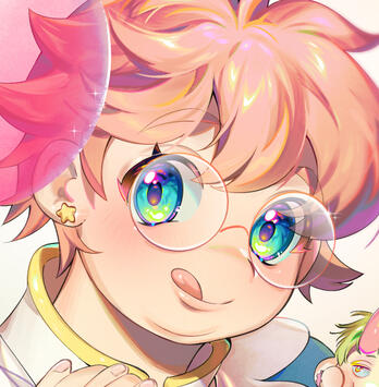 image of a pink haired girl, wearing glasses and smiling while sticking her tongue out