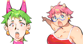 on left: shocked guy with short green hair and pink horns, on right: pink haired girl pointing up with an open mouth surprised expression